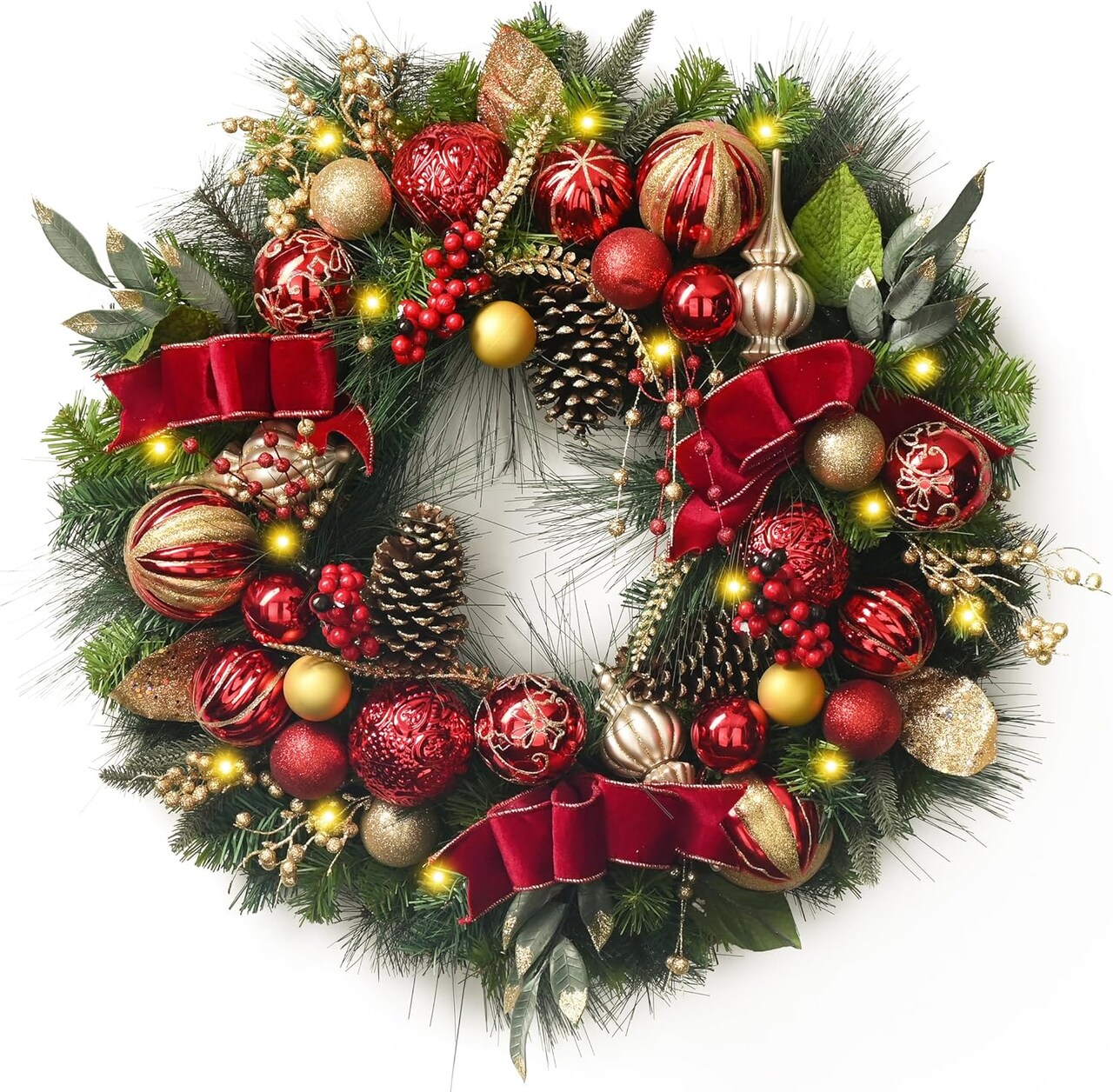 Large Lighted Outdoor Christmas Wreath with Red Gold Xmas Balls (Red/Gold) 4"D x 30"W x 30"H